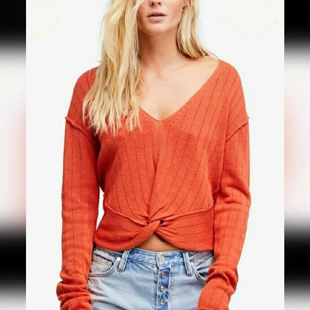 Free People Orange Got Me Twisted Rib Knit V-Neck Sweater, Size XS